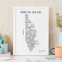 Framed map of Manhattan, New York with text on a desk.