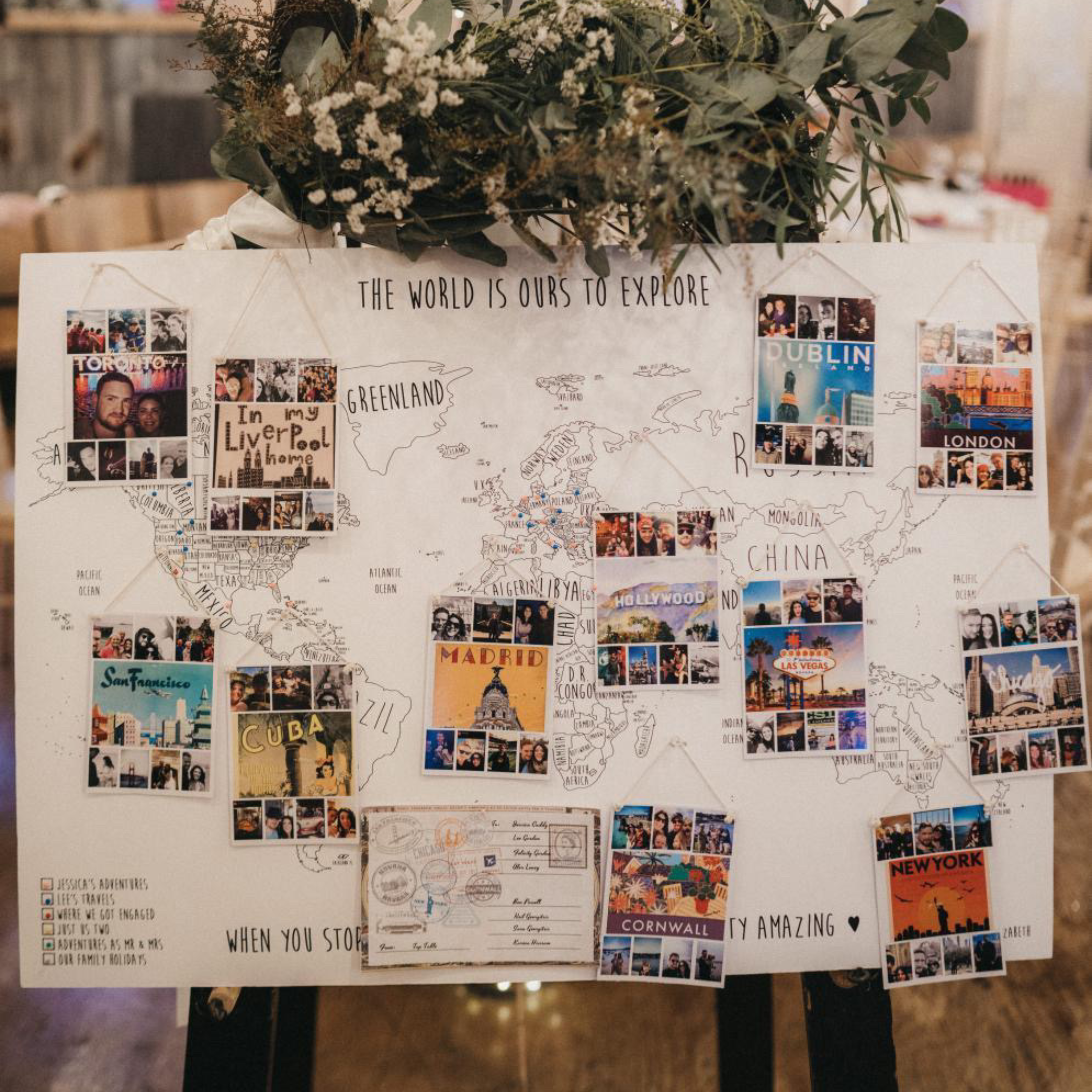 Personalised travel map used as a wedding seating chart
