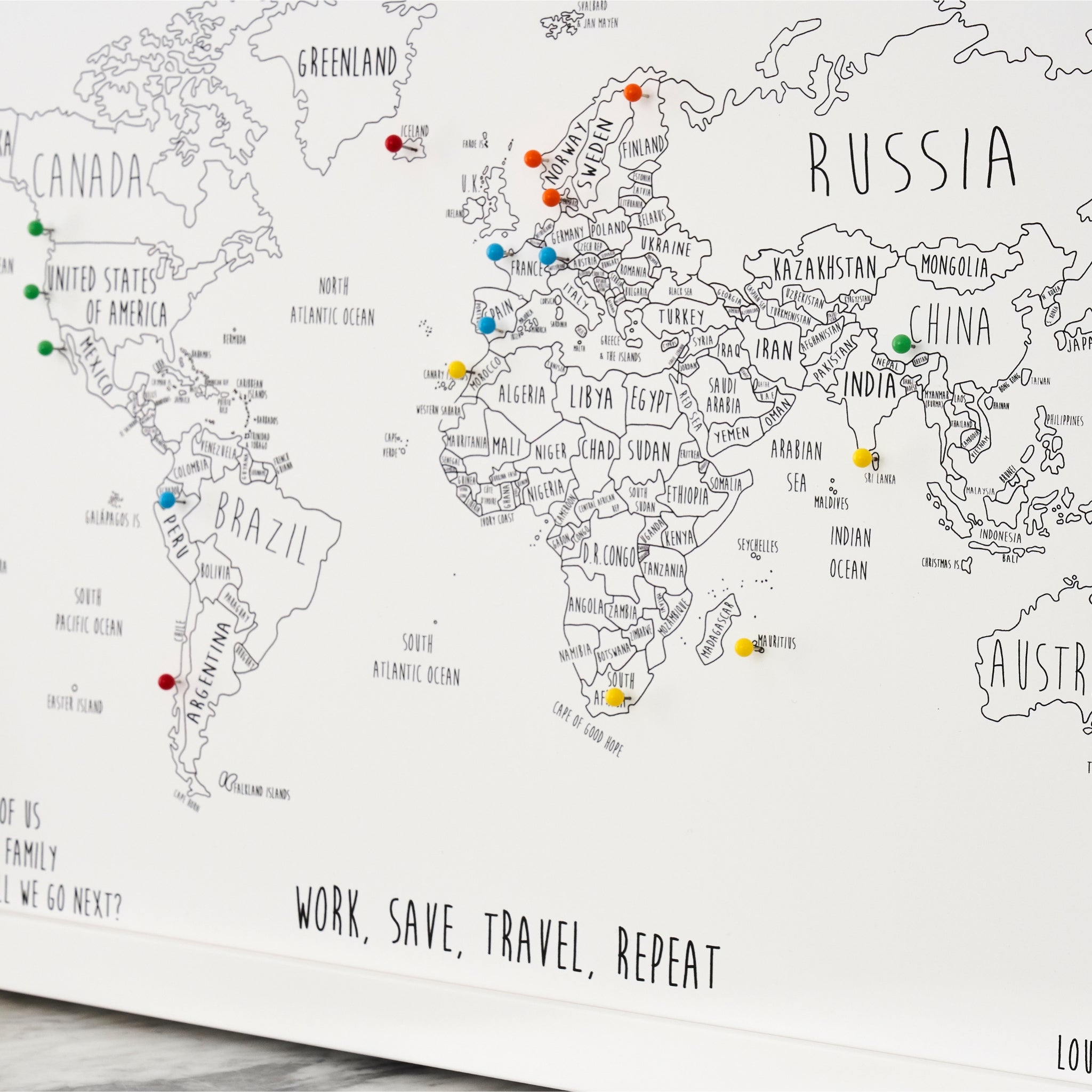 Personalised world pinboard map with coloured travel pins