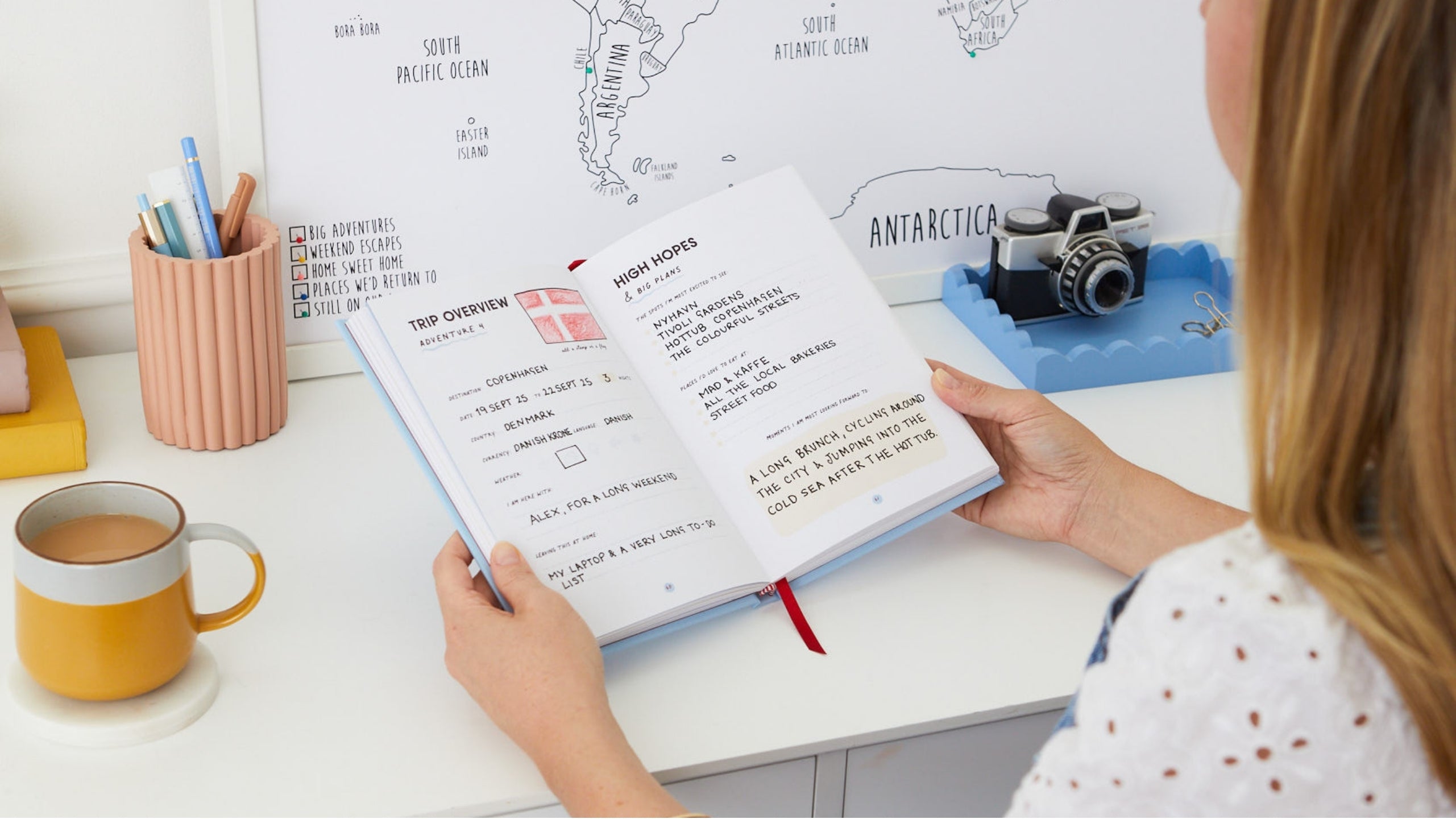 Open My Travel Journal showing guided pages for recording a trip